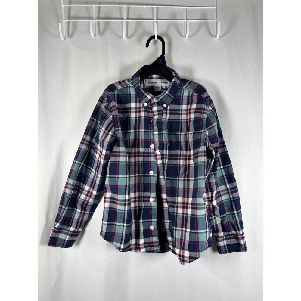 Old Navy Kids Boys Small 6-7 Plaid Button Down Shirt Navy Green Built-In‎ Flex